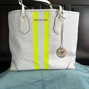 Michael Kors White Tote with Neon Yellow Stripe